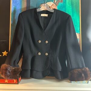 Vintage 60s Elegant Black Double-Breasted Blazer with Fur Cuffs